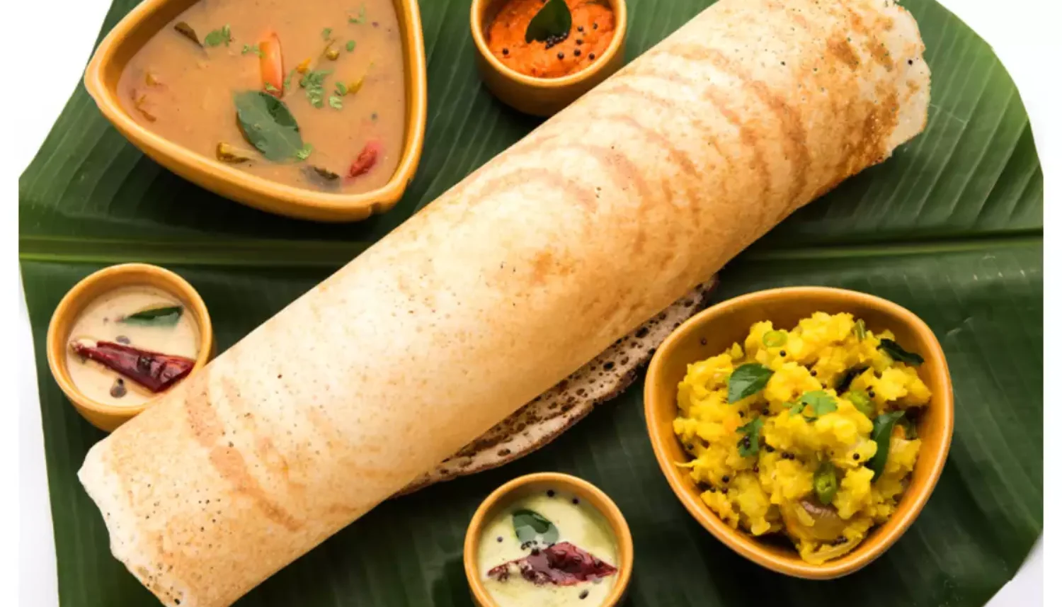 South indian style authentic dosa served on the banana leaf with chutneys and sambar